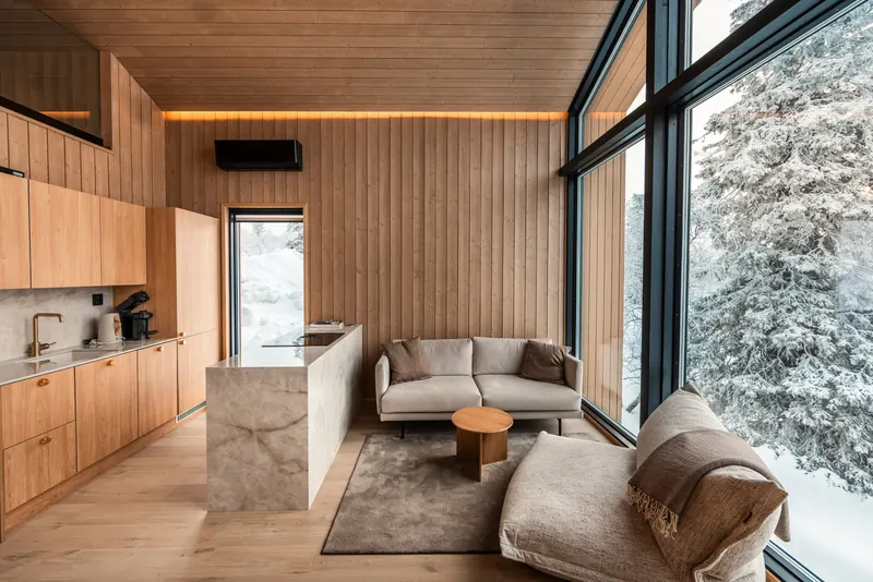 A bright wooden room with a kitchen and a window onto the snowy forest
